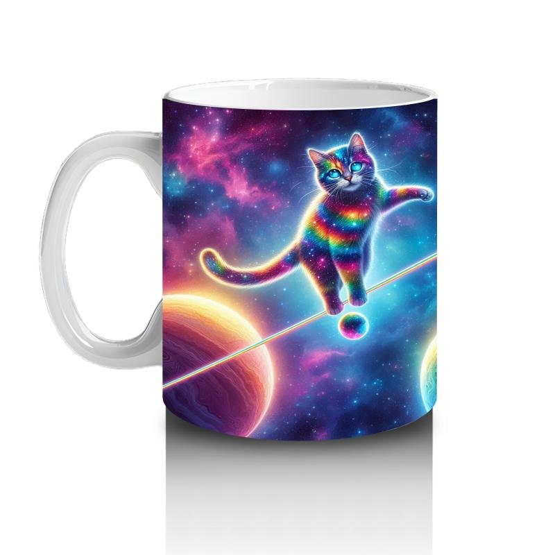 Çocuklara Sütü Sevdiren Uzayda İp Üstünde Yürüyen Gökkuşağı Kedisi Desenli Kupa Bardak - 2