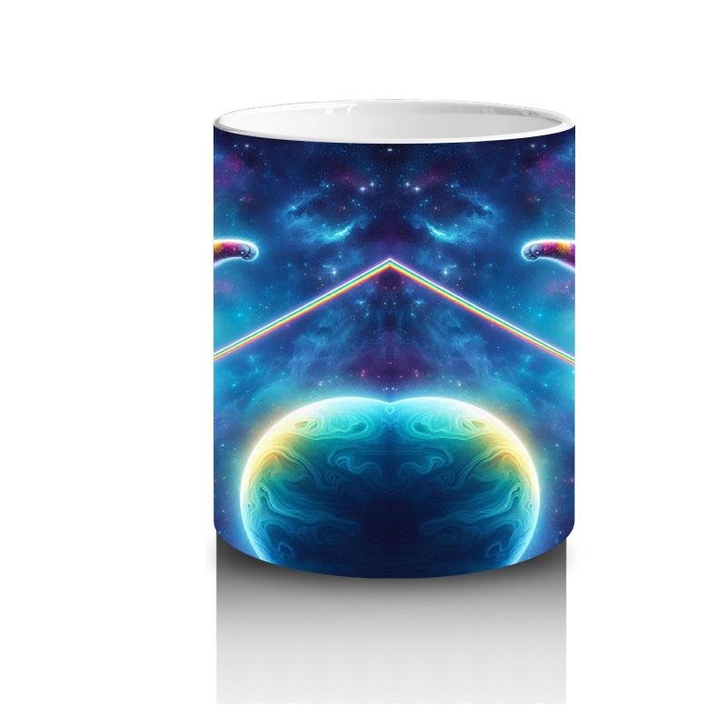 Çocuklara Sütü Sevdiren Uzayda İp Üstünde Yürüyen Gökkuşağı Kedisi Desenli Kupa Bardak - 3