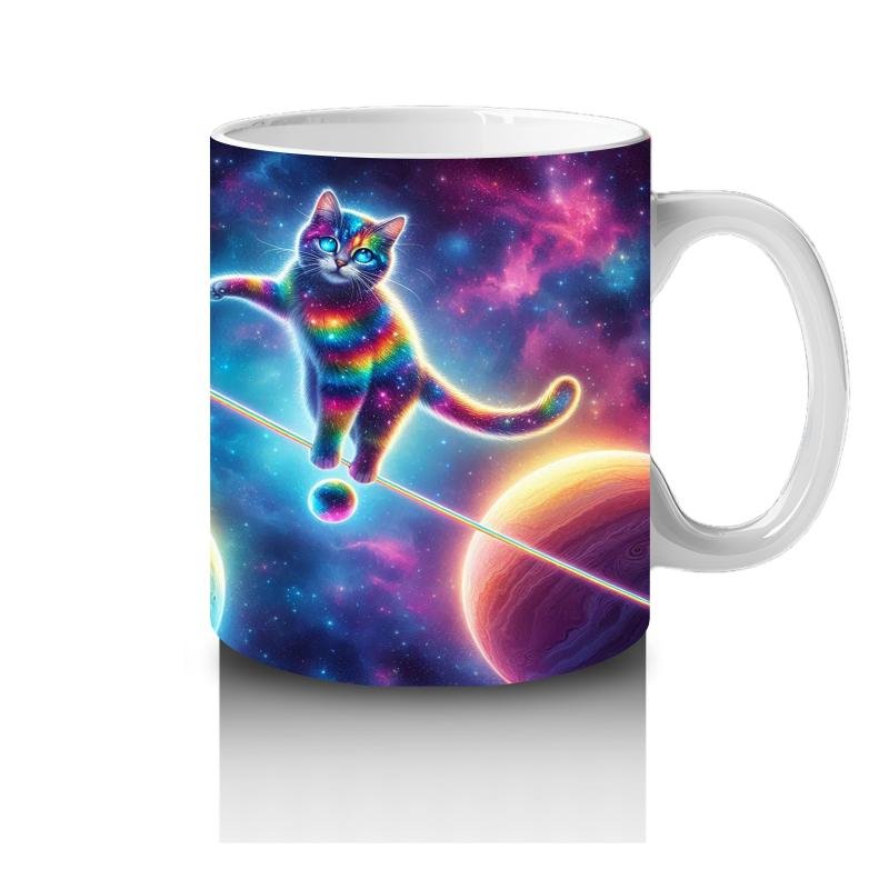 Çocuklara Sütü Sevdiren Uzayda İp Üstünde Yürüyen Gökkuşağı Kedisi Desenli Kupa Bardak - 4