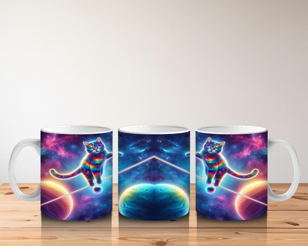 Çocuklara Sütü Sevdiren Uzayda İp Üstünde Yürüyen Gökkuşağı Kedisi Desenli Kupa Bardak - 5