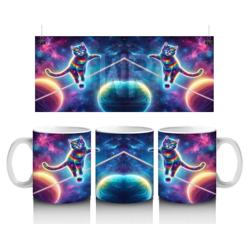 Çocuklara Sütü Sevdiren Uzayda İp Üstünde Yürüyen Gökkuşağı Kedisi Desenli Kupa Bardak