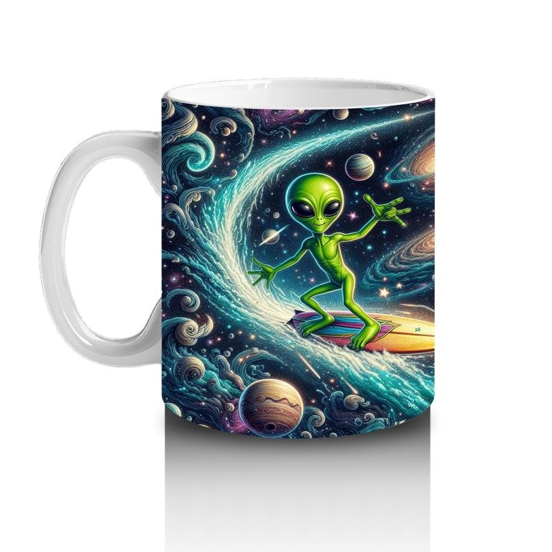 Çocuklara Sütü Sevdiren Uzayda Sörf Yapan Sevimli Uzaylı Desenli Kupa Bardak - 2