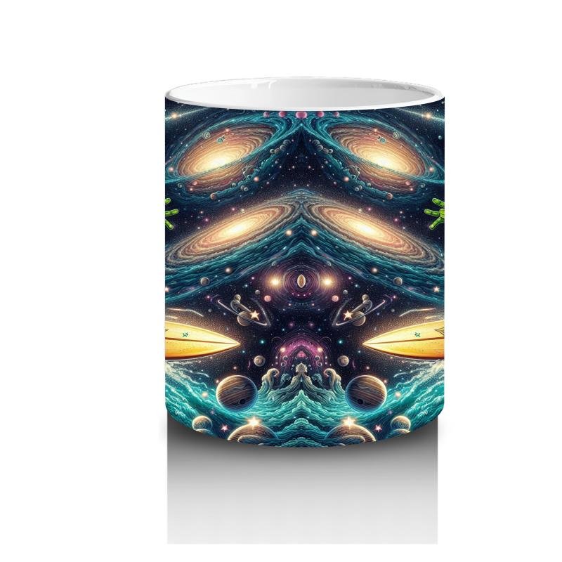 Çocuklara Sütü Sevdiren Uzayda Sörf Yapan Sevimli Uzaylı Desenli Kupa Bardak - 3