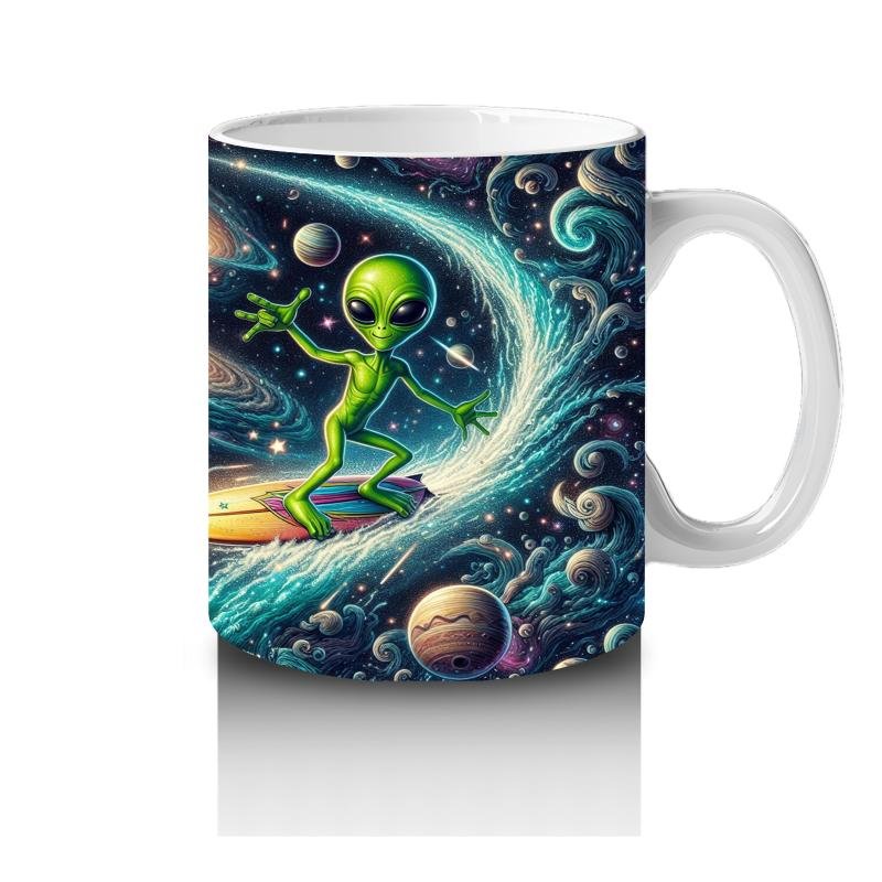 Çocuklara Sütü Sevdiren Uzayda Sörf Yapan Sevimli Uzaylı Desenli Kupa Bardak - 4