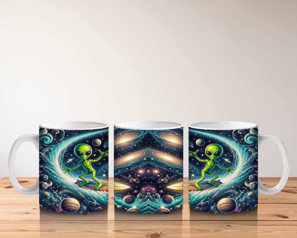 Çocuklara Sütü Sevdiren Uzayda Sörf Yapan Sevimli Uzaylı Desenli Kupa Bardak - 5