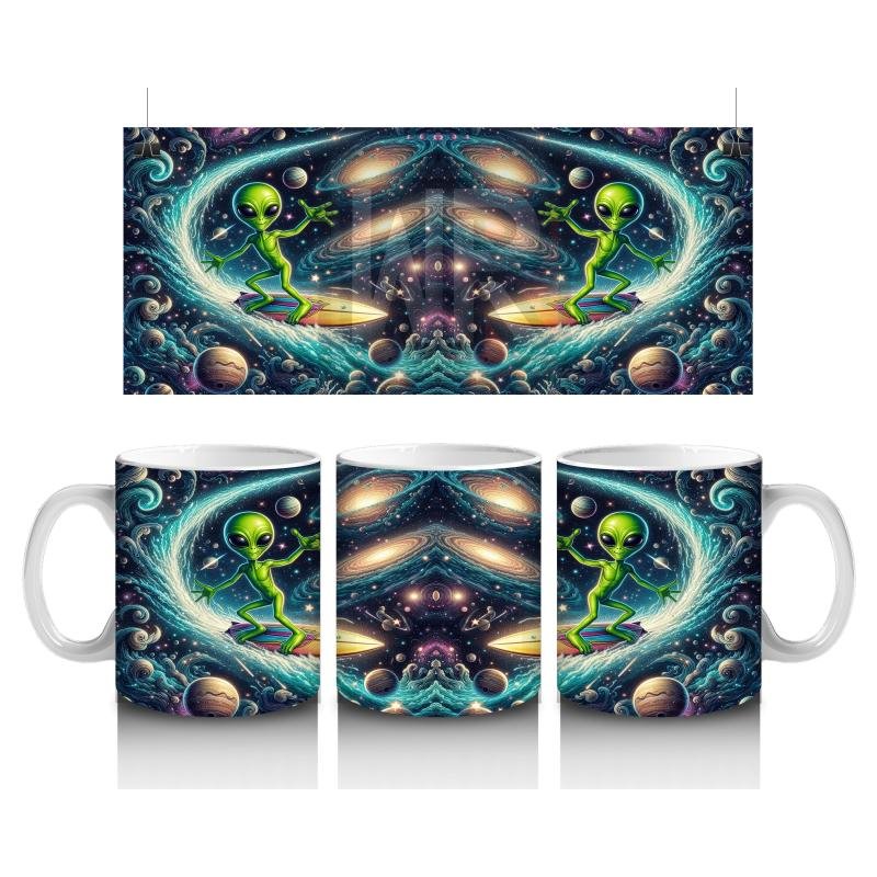 Çocuklara Sütü Sevdiren Uzayda Sörf Yapan Sevimli Uzaylı Desenli Kupa Bardak