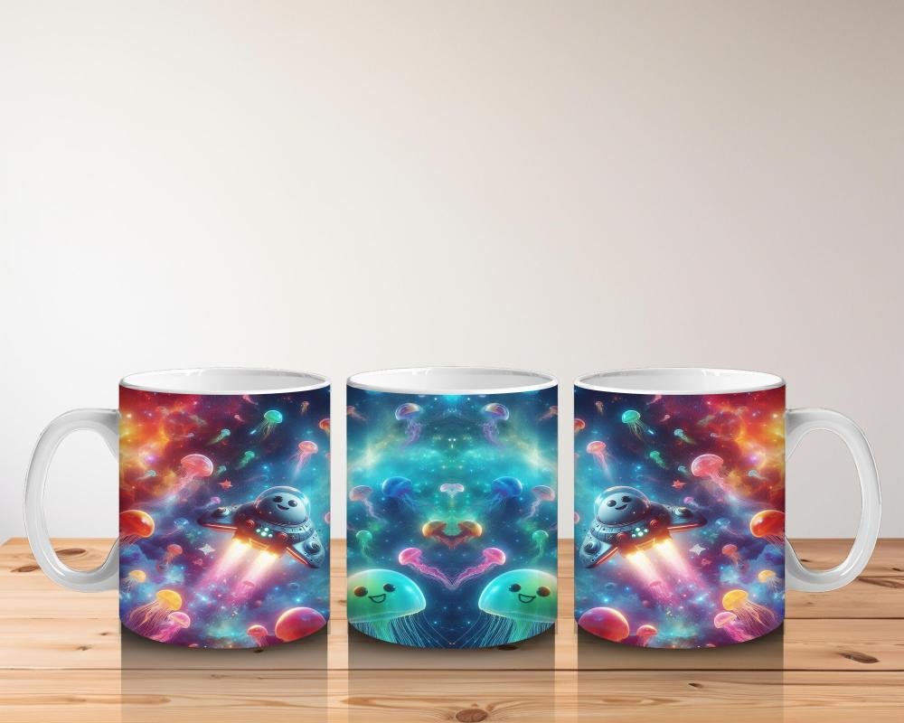 Çocuklara Sütü Sevdiren Uzayda Uçan Ayıcıklar ve Işıltılı Deniz Canlıları Desenli Kupa Bardak - 5