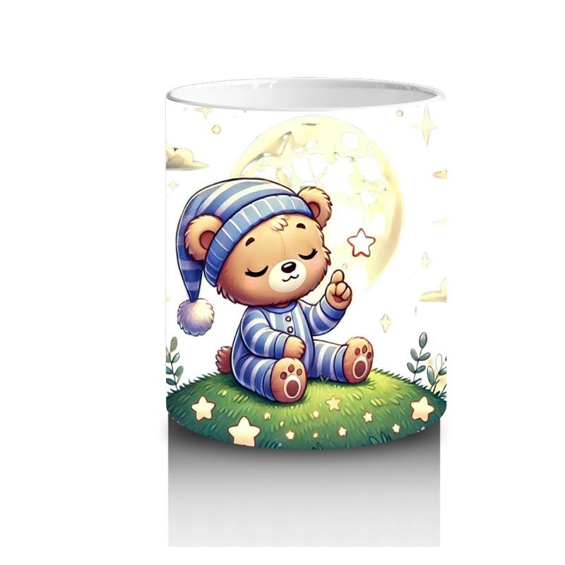 Çocuklara Sütü Sevdiren Yıldız Tutan Pijamalı Ayıcık Desenli Kupa Bardak - 3