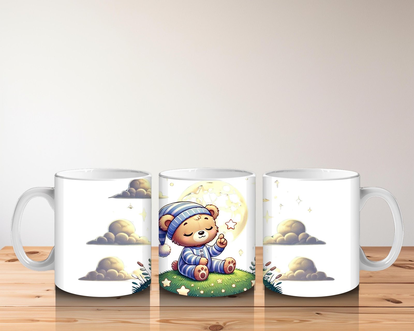 Çocuklara Sütü Sevdiren Yıldız Tutan Pijamalı Ayıcık Desenli Kupa Bardak - 5