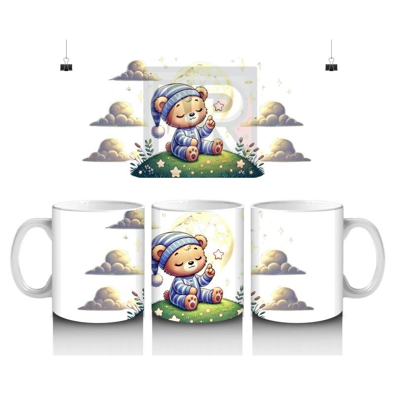 Çocuklara Sütü Sevdiren Yıldız Tutan Pijamalı Ayıcık Desenli Kupa Bardak