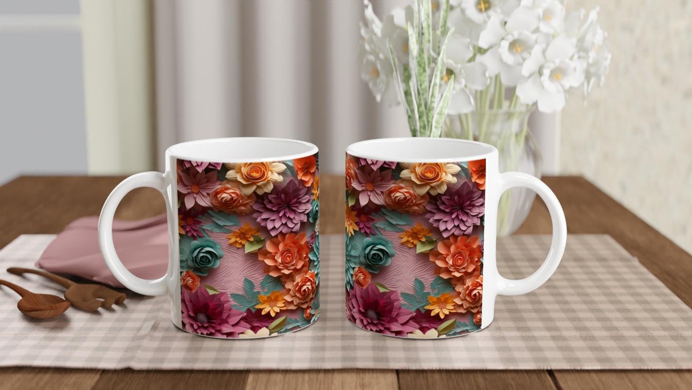 Çok Renkli Gül ve Bahar Çiçekleri Desenli Kupa Bardak - 5