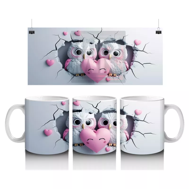 Dalda Oturan Aşık Baykuşlar ve Kalpler – Baskılı Kahve Kupası