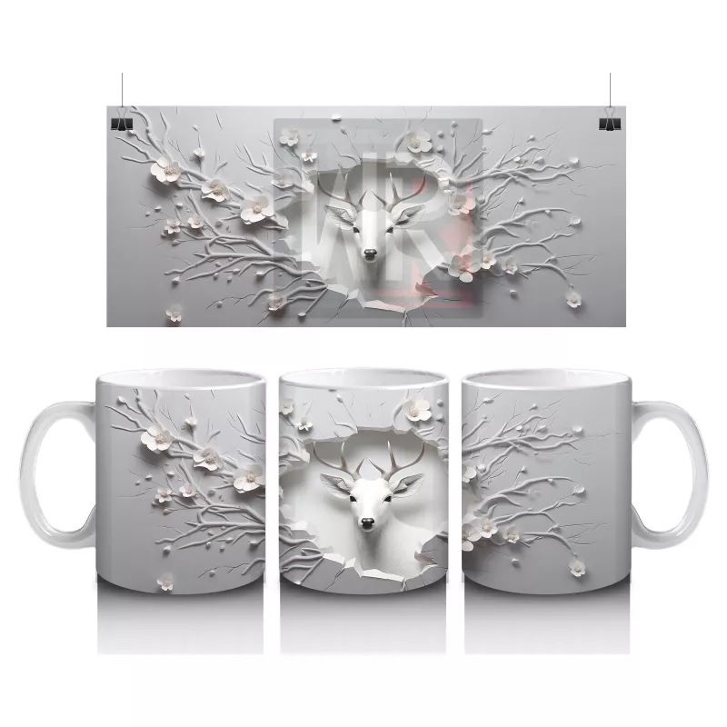 Dallarla Süslenmiş Çatlakta Beliren Beyaz Geyik – Baskılı Kahve Kupası