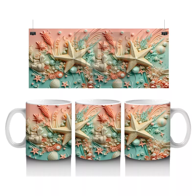 Deniz Kabukları ve Deniz Yıldızlarıyla Süslenmiş Tropik Desen – Baskılı Kahve Kupası