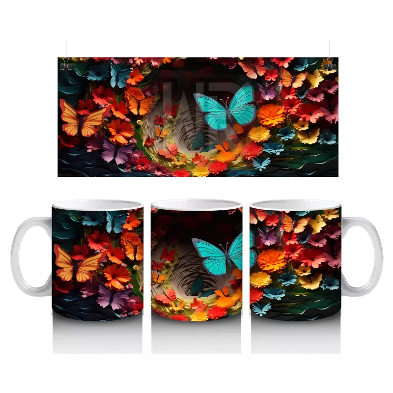 Doğal Çiçekler Arasında Turkuaz Kelebek – Baskılı Kahve Kupası