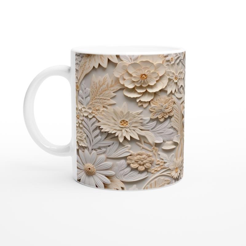 Doğal Tonlarda Kabartmalı Çiçek Desenli Kupa Bardak