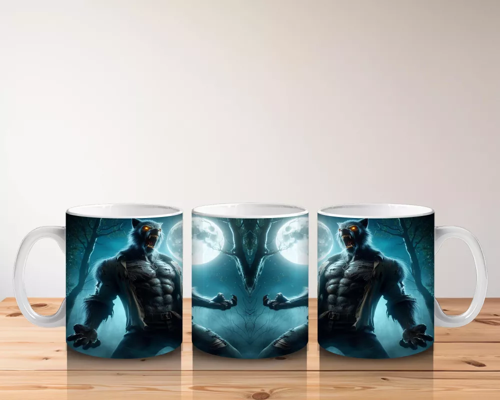 Dolunay Altında Kurt Adam Silüetli Cadılar Bayramı Baskılı Kupa Bardak - 5