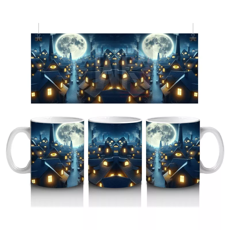 Dolunay Altında Uçan Yarasa Silüetleriyle Gotik Cadılar Bayramı Baskılı Kupa Bardak