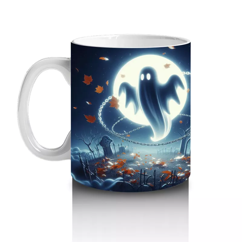 Dolunay Önünde Uçan Hayalet Figürlü Gotik Cadılar Bayramı Baskılı Kupa Bardak - 2