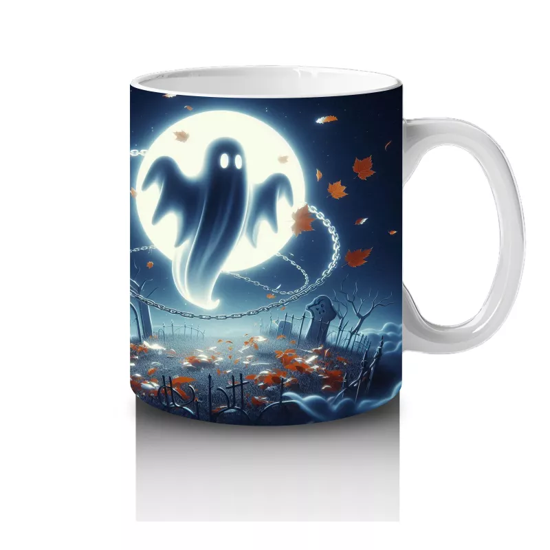 Dolunay Önünde Uçan Hayalet Figürlü Gotik Cadılar Bayramı Baskılı Kupa Bardak - 4