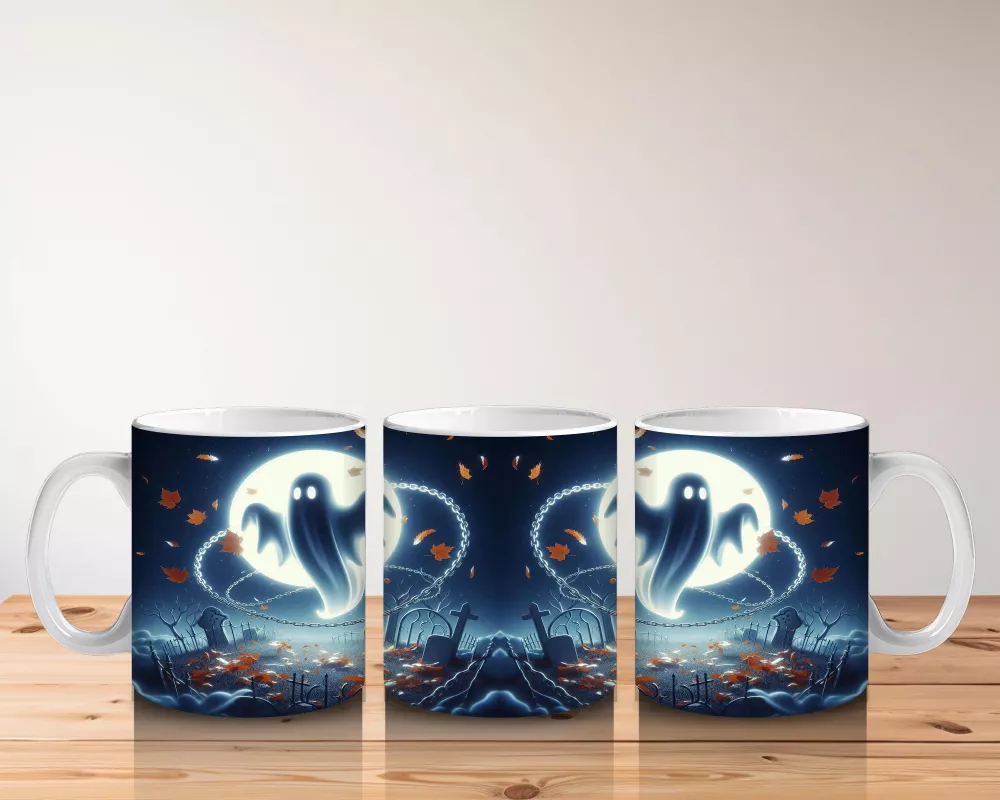 Dolunay Önünde Uçan Hayalet Figürlü Gotik Cadılar Bayramı Baskılı Kupa Bardak - 5