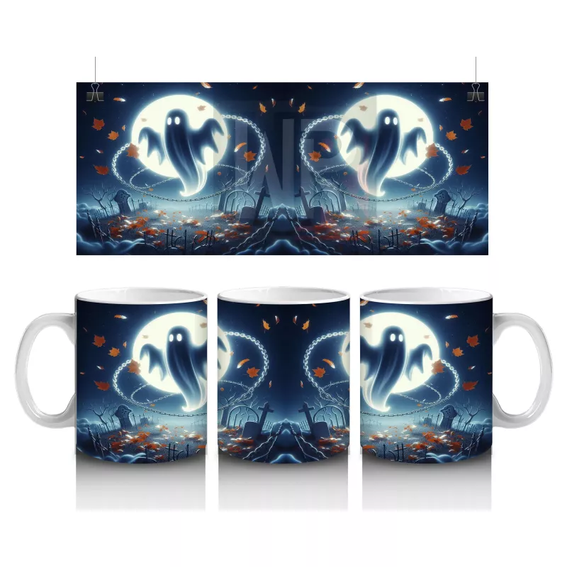 Dolunay Önünde Uçan Hayalet Figürlü Gotik Cadılar Bayramı Baskılı Kupa Bardak