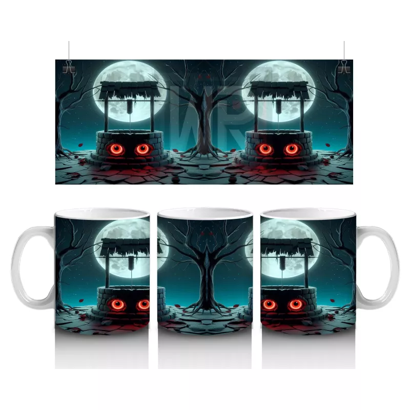 Dolunay ve Parlayan Gözlerle Gotik Korku Temalı Cadılar Bayramı Baskılı Kupa