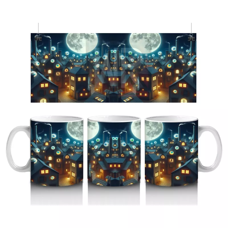 Dolunay ve Renkli Işıklarla Süslenmiş Cadılar Bayramı Sokak Temalı Baskılı Kupa Bardak