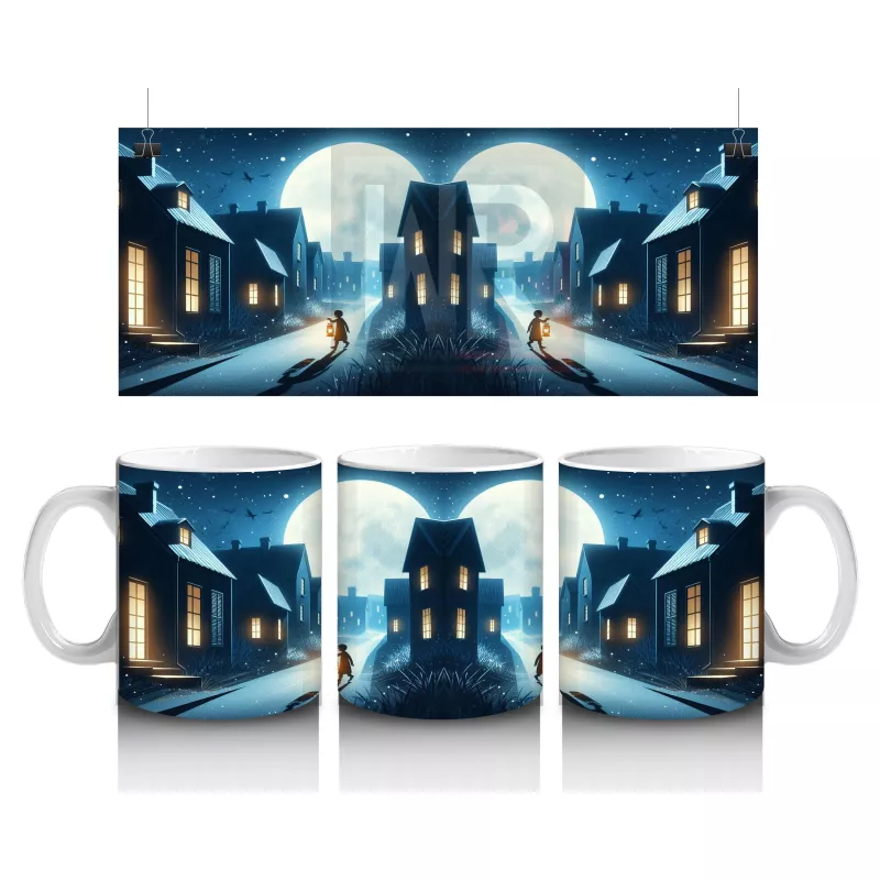 Dolunaylı Sokakta Perili Evler Temalı Gotik Cadılar Bayramı Baskılı Kupa