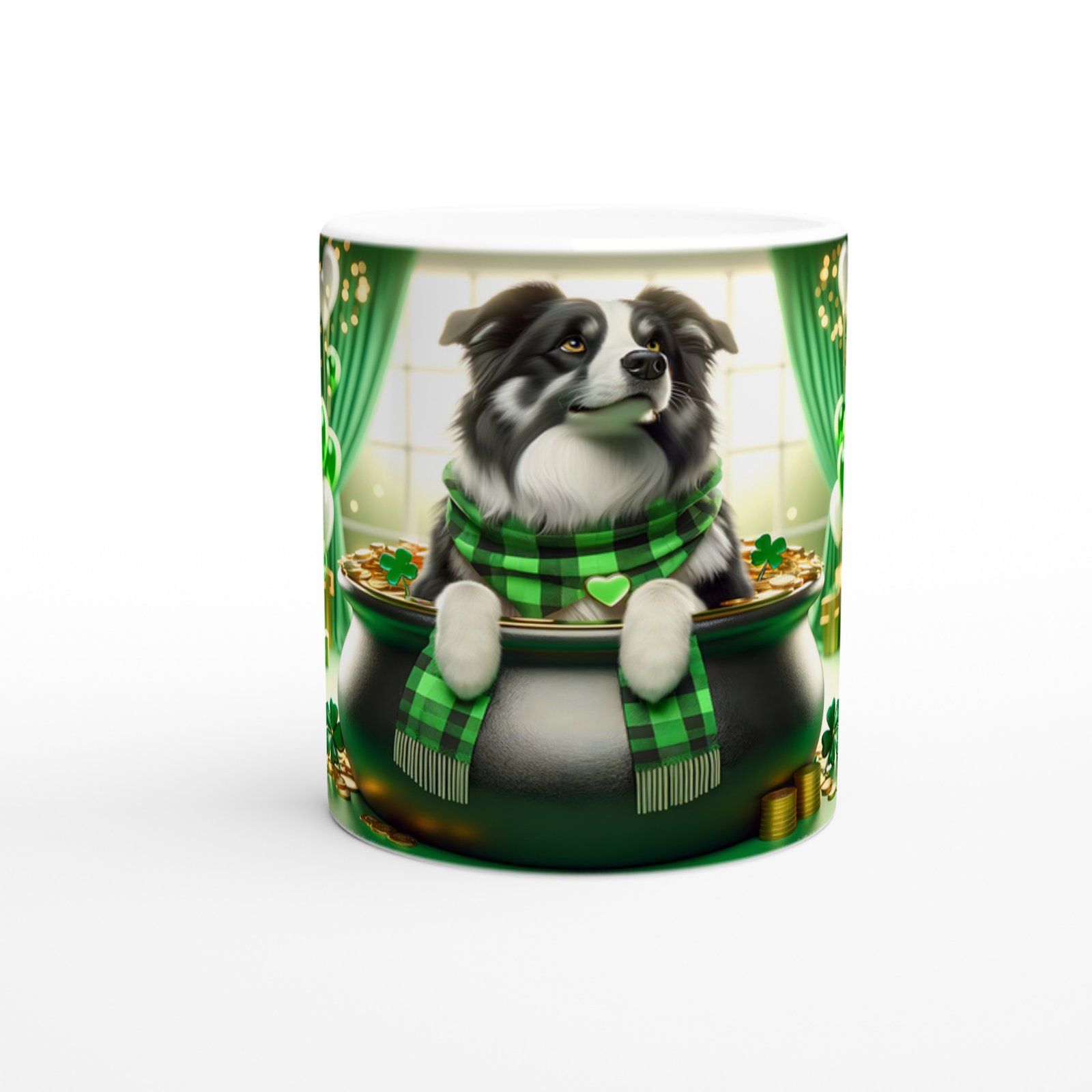 Dört Yapraklı Yonca ve Border Collie Temalı Baskılı Kupa Bardak