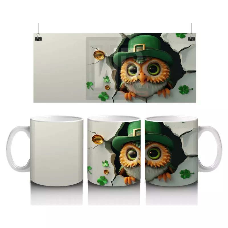 Dört Yapraklı Yonca ve Şapkalı Baykuş – Baskılı Kahve Kupası