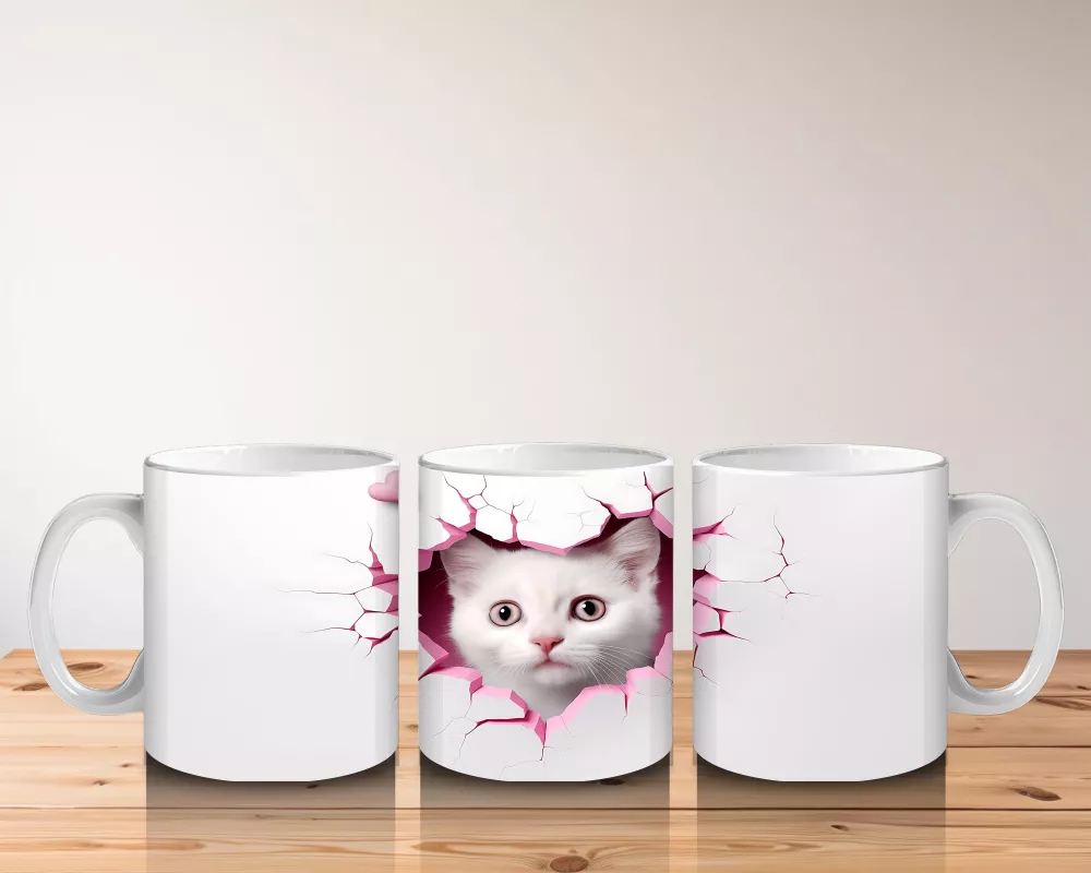 Duvarı Delen Beyaz Kedi Yavrusu – Baskılı Kahve Kupası - 5