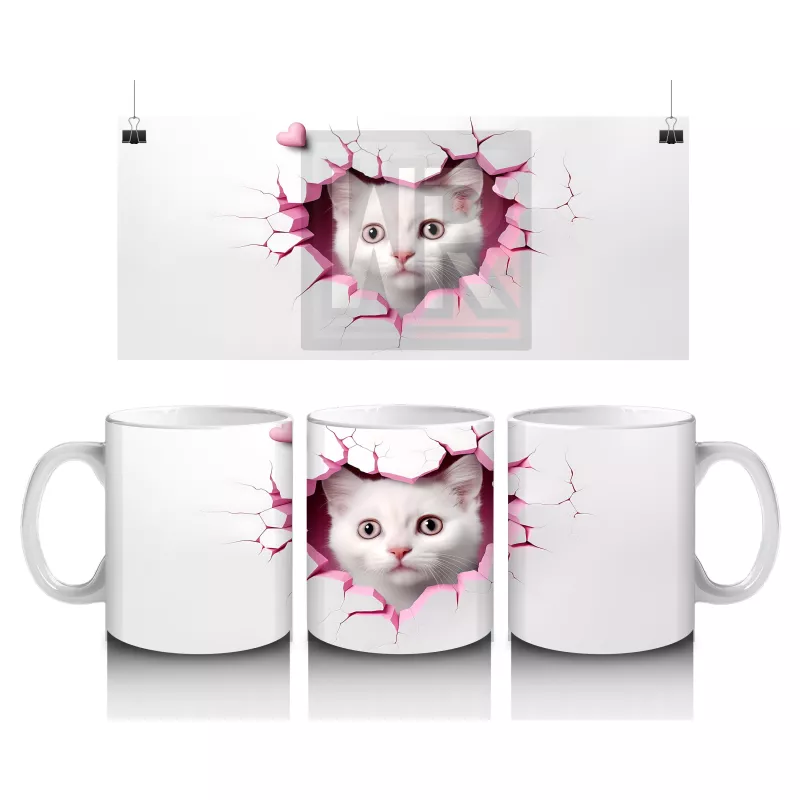 Duvarı Delen Beyaz Kedi Yavrusu – Baskılı Kahve Kupası