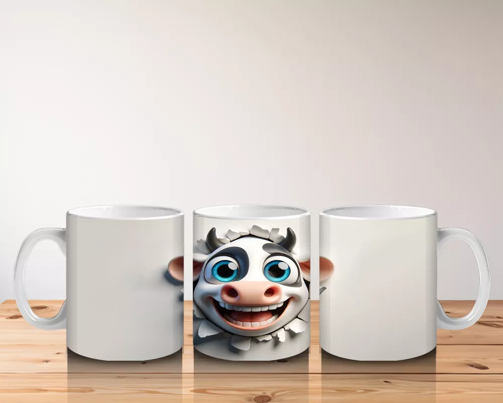 Duvarı Delen Gülümseyen Karikatür İnek Figürü - Baskılı kahve kupası - 5