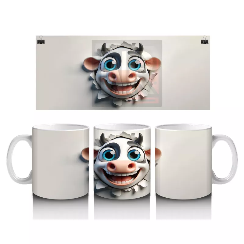 Duvarı Delen Gülümseyen Karikatür İnek Figürü - Baskılı kahve kupası