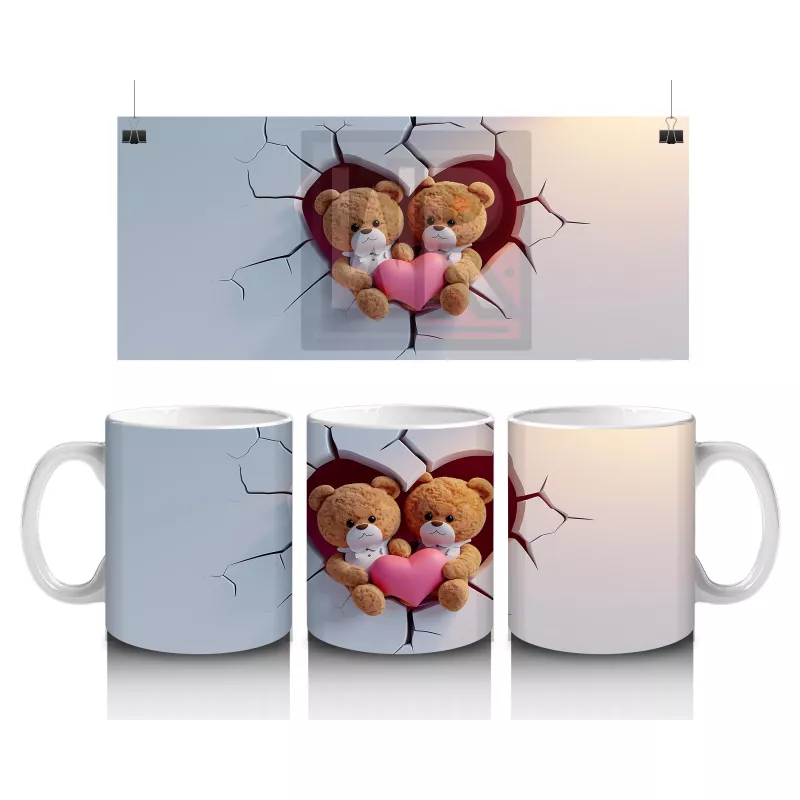 Duvarı Delen Kalpli Sevimli Aşık Ayılar – Baskılı Kahve Kupası