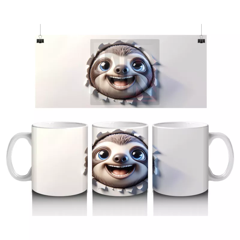 Duvarı Delen Neşeli Tembel Hayvan – 3D Komik Yüzlü Kupa Tasarımı