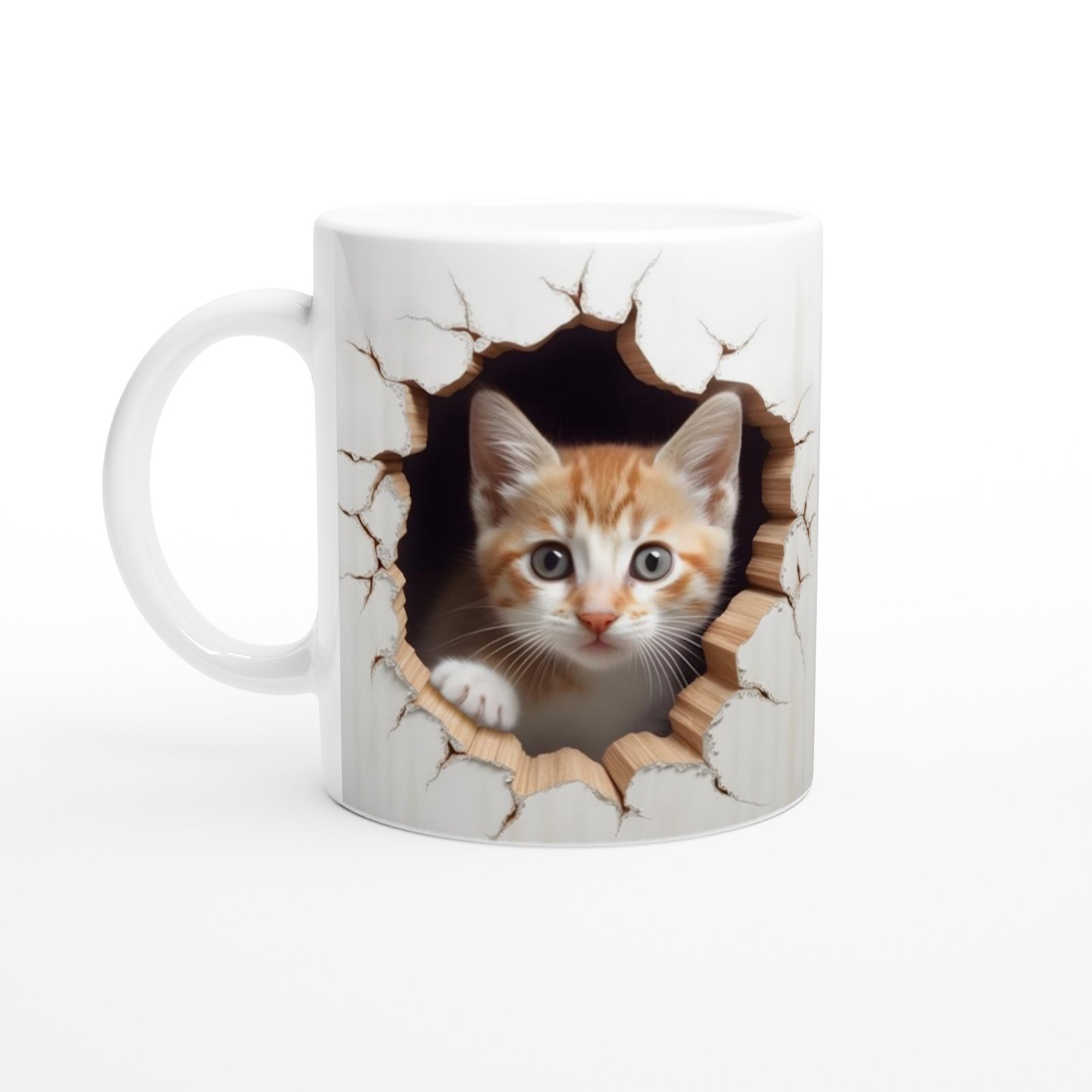 Duvarı Delen Turuncu Beyaz Yavru Kedi Kupa Bardak