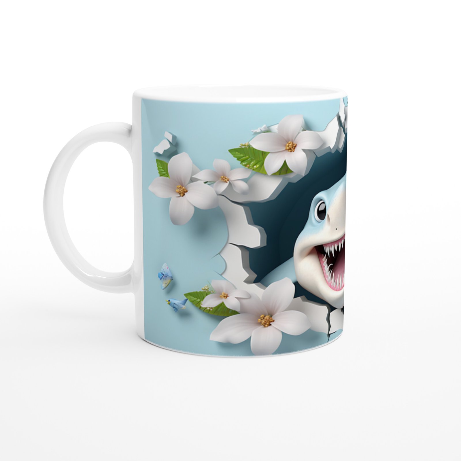 Duvarı Delip Çıkan Neşeli Köpekbalığı ve Çiçek Temalı Kupa Bardak - 2