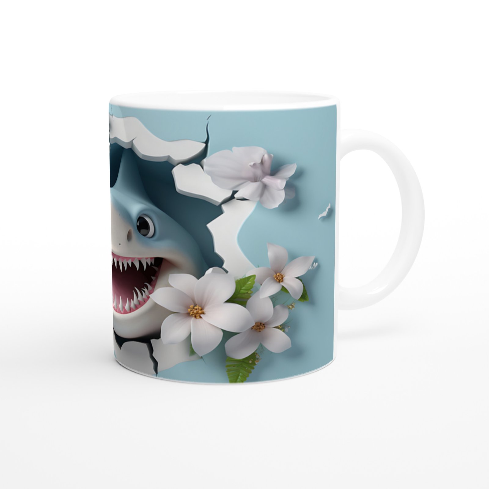 Duvarı Delip Çıkan Neşeli Köpekbalığı ve Çiçek Temalı Kupa Bardak - 3