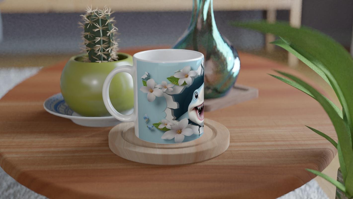 Duvarı Delip Çıkan Neşeli Köpekbalığı ve Çiçek Temalı Kupa Bardak - 4