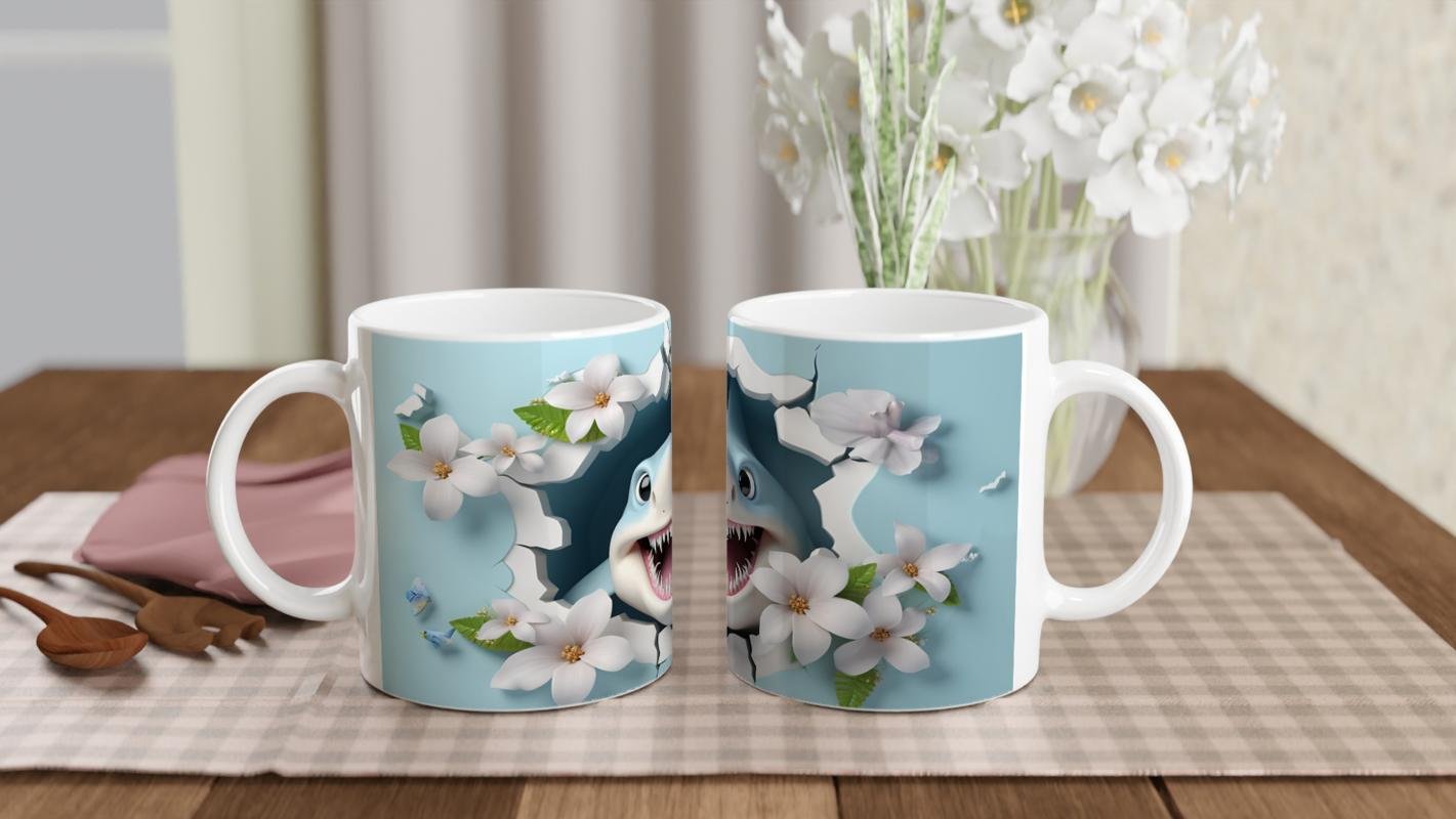 Duvarı Delip Çıkan Neşeli Köpekbalığı ve Çiçek Temalı Kupa Bardak - 5