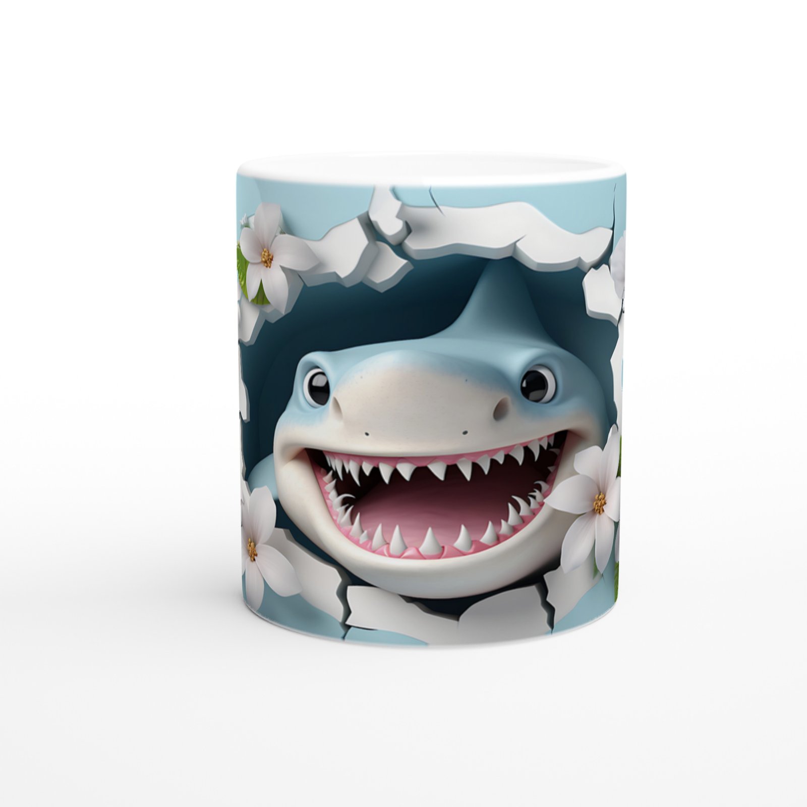 Duvarı Delip Çıkan Neşeli Köpekbalığı ve Çiçek Temalı Kupa Bardak