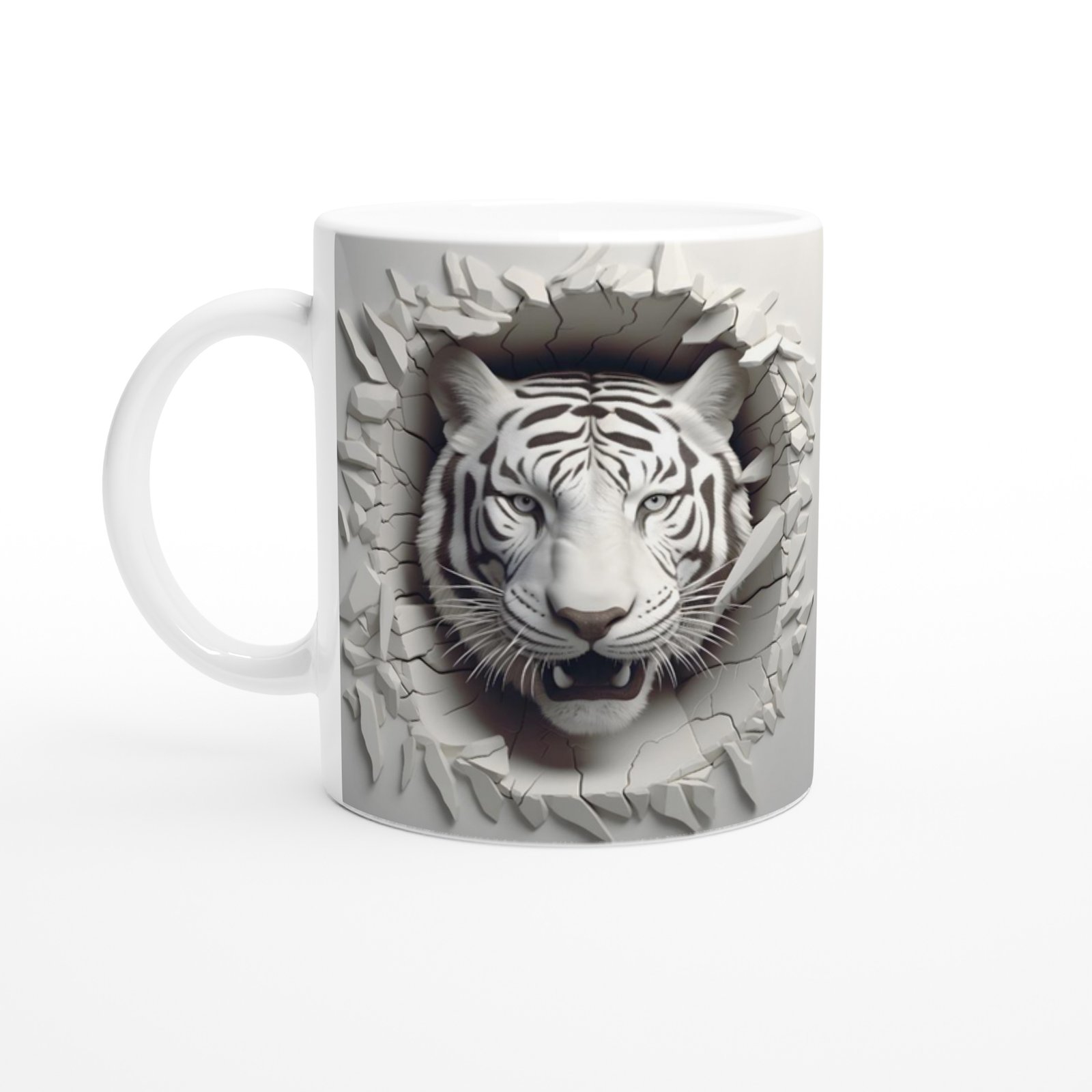Duvarı Parçalayan Beyaz Kaplan Baskılı Kupa Bardak