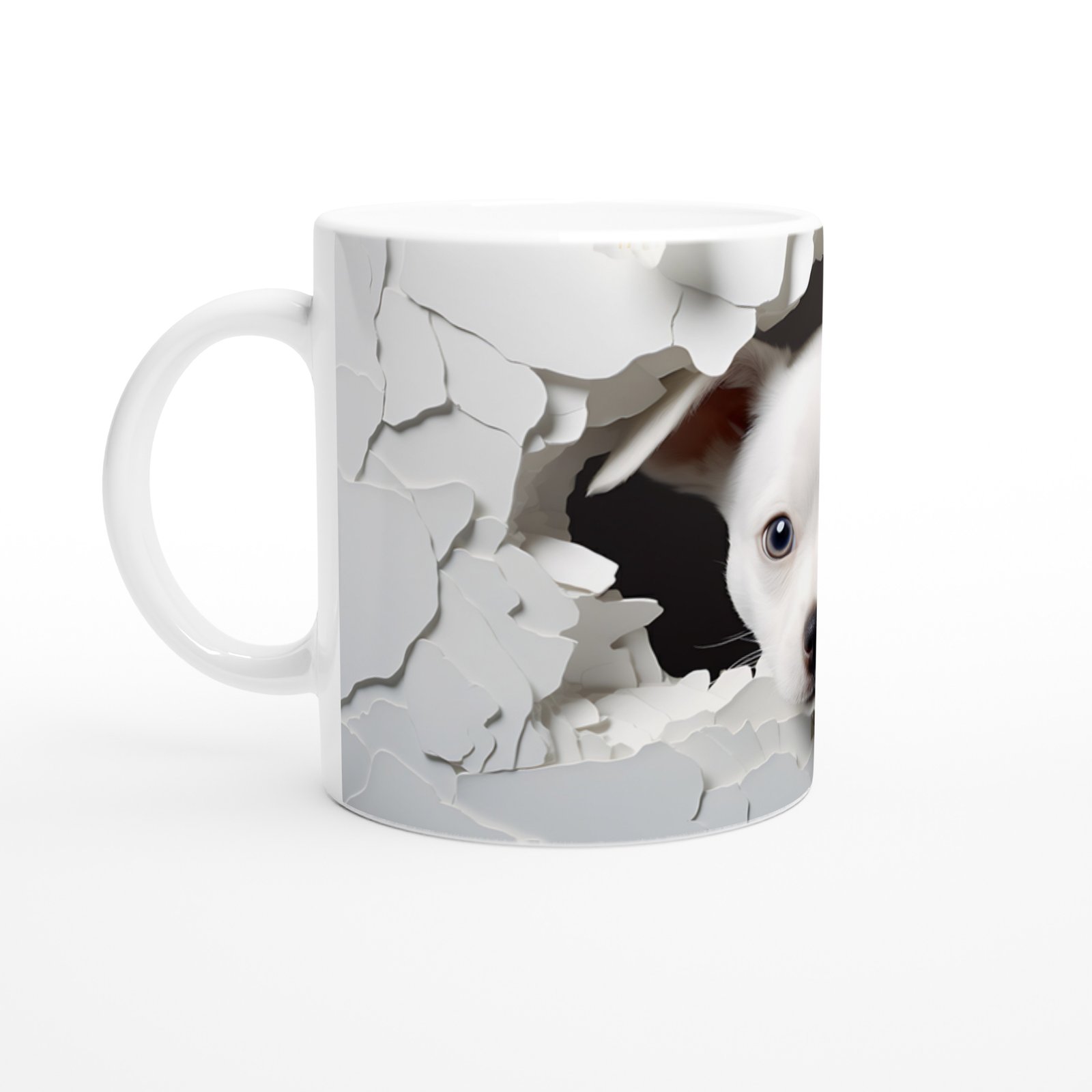 Duvarı Yarmış Masum Bakışlı Beyaz Köpekçik Baskılı Kupa Bardak - 2