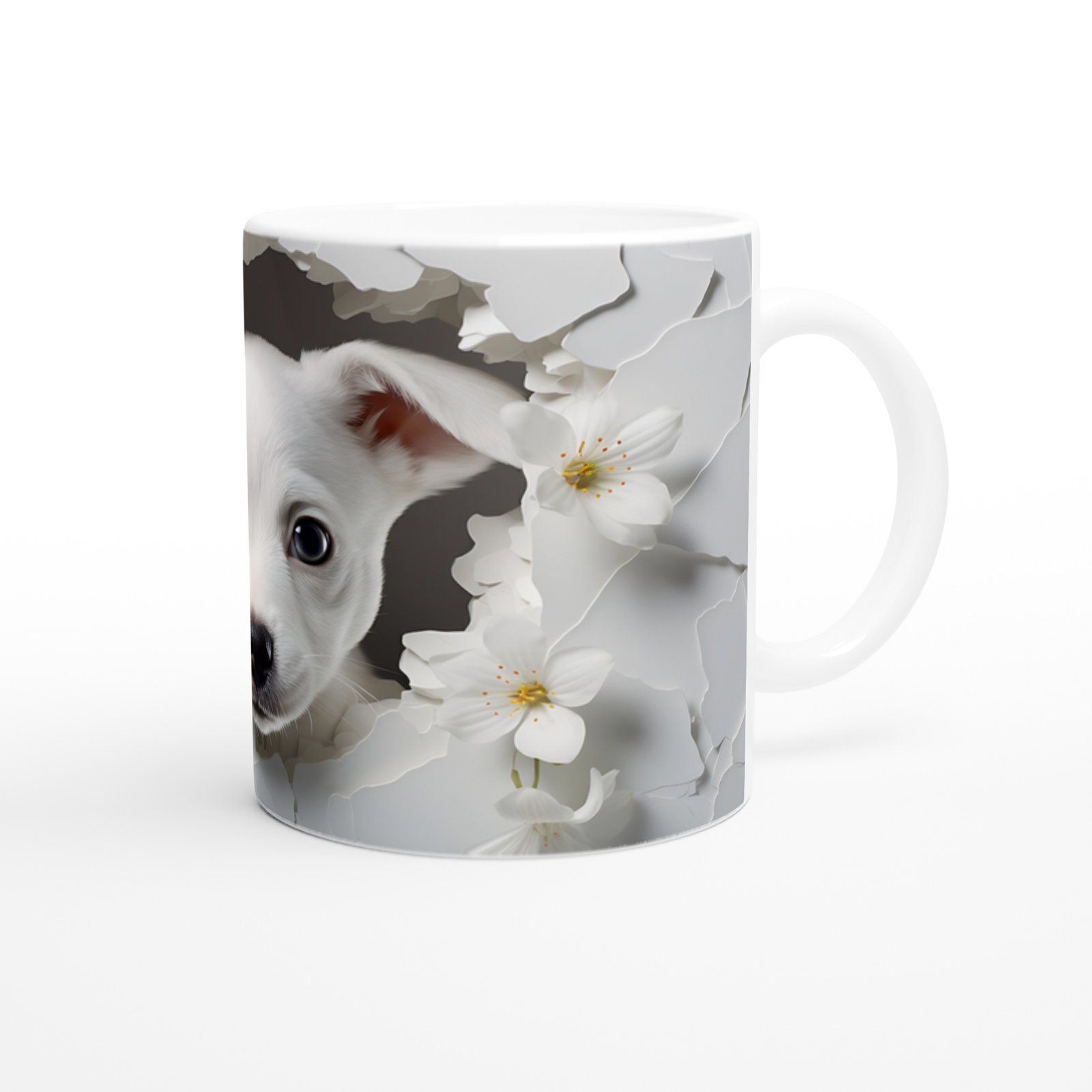 Duvarı Yarmış Masum Bakışlı Beyaz Köpekçik Baskılı Kupa Bardak - 3