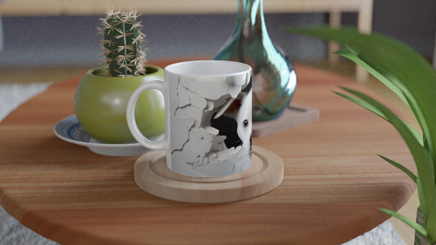 Duvarı Yarmış Masum Bakışlı Beyaz Köpekçik Baskılı Kupa Bardak - 4