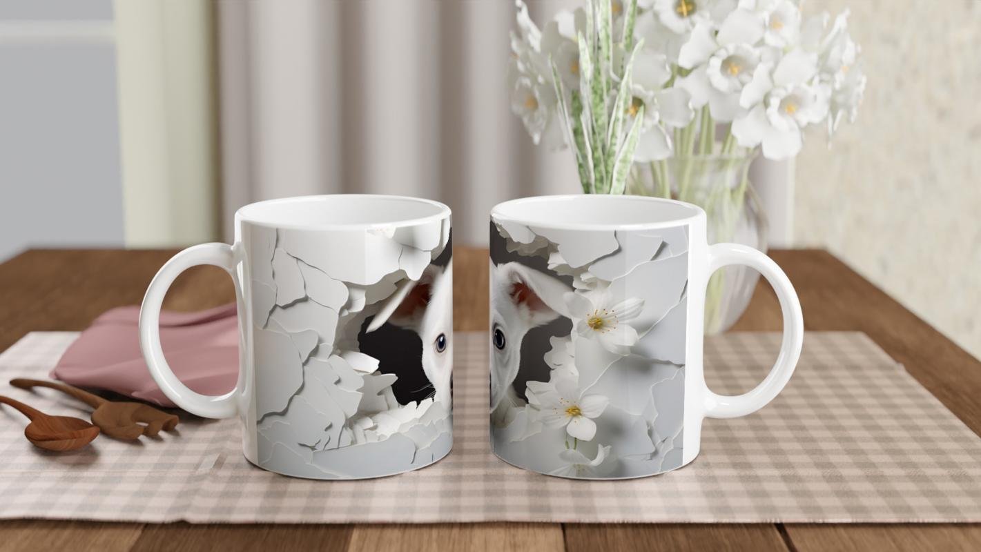 Duvarı Yarmış Masum Bakışlı Beyaz Köpekçik Baskılı Kupa Bardak - 5