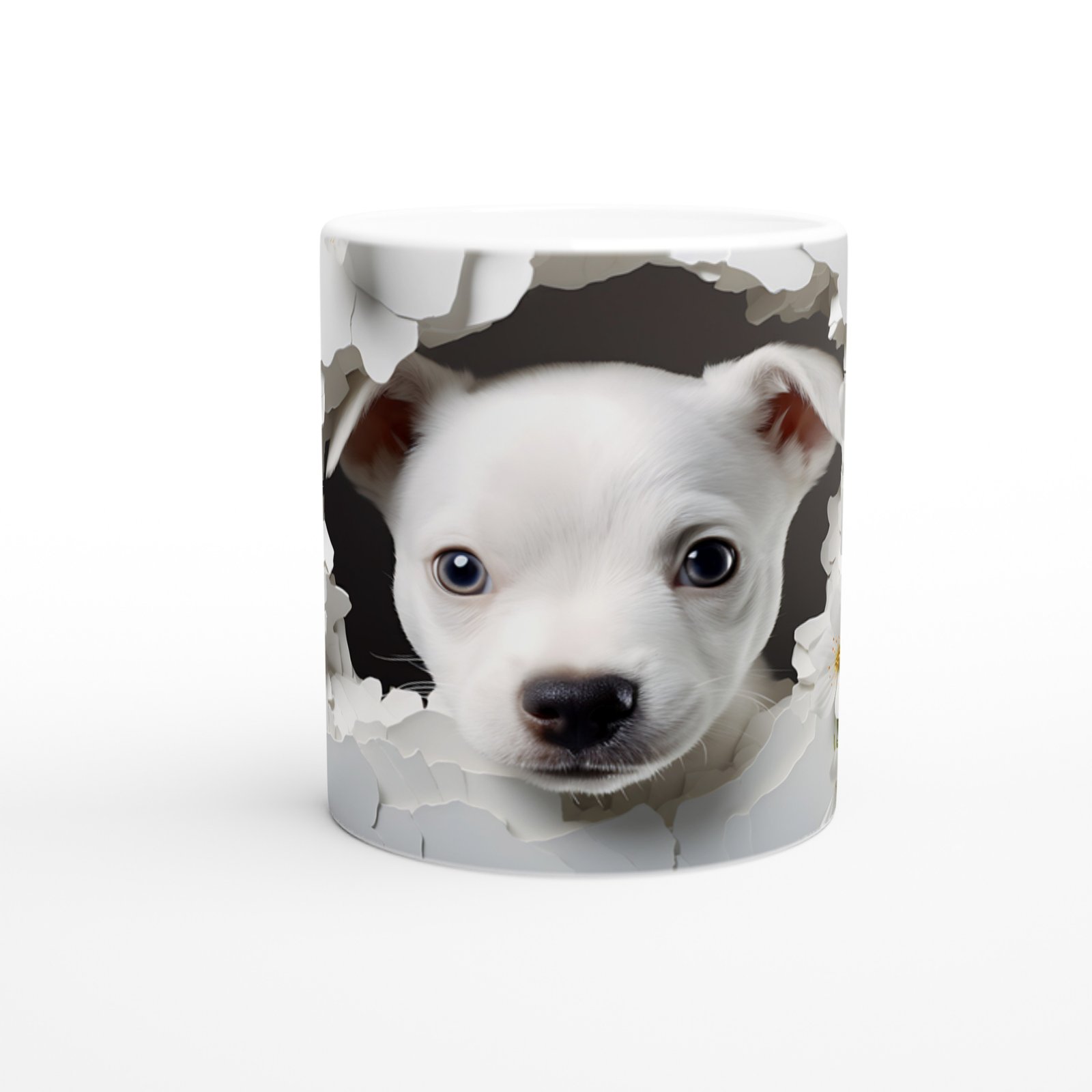 Duvarı Yarmış Masum Bakışlı Beyaz Köpekçik Baskılı Kupa Bardak