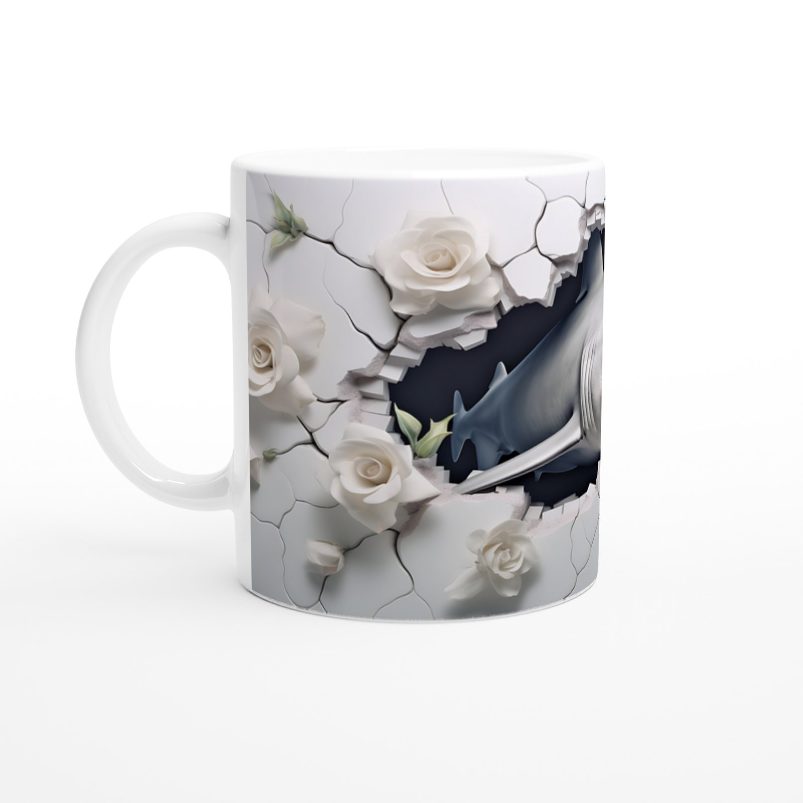 Duvarı Yırtan Köpekbalığı ve Beyaz Gül Temalı Su Altı Kupa Bardak - 2